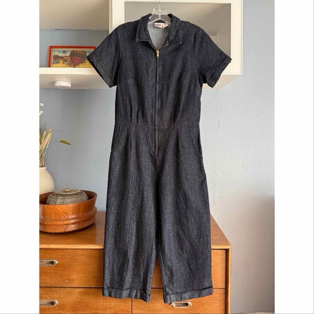 Billie Jo Retro Denim Zipped Capri Stretch Pockets Jumpsuit Pinup USA Sz L